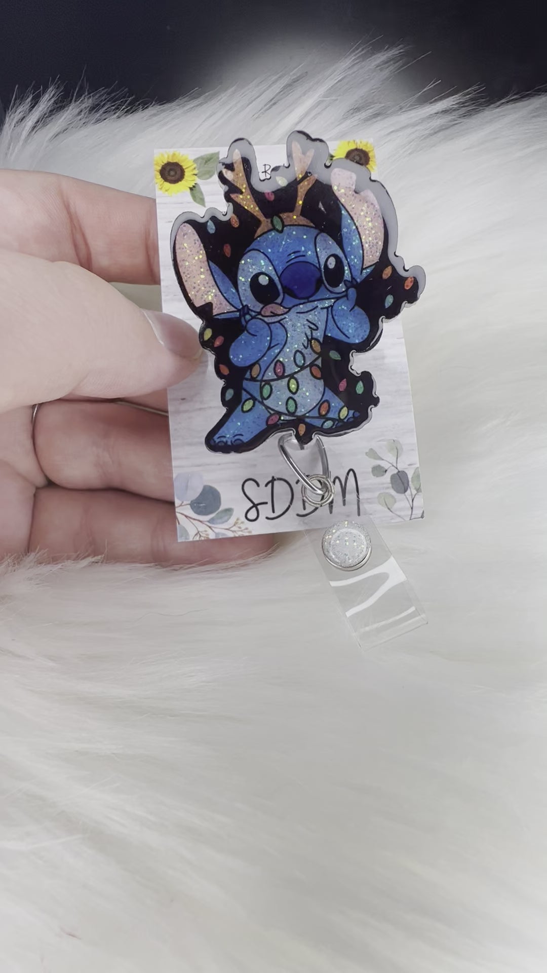 Stitch from Lilo and Stitch badge reel with christmas lights