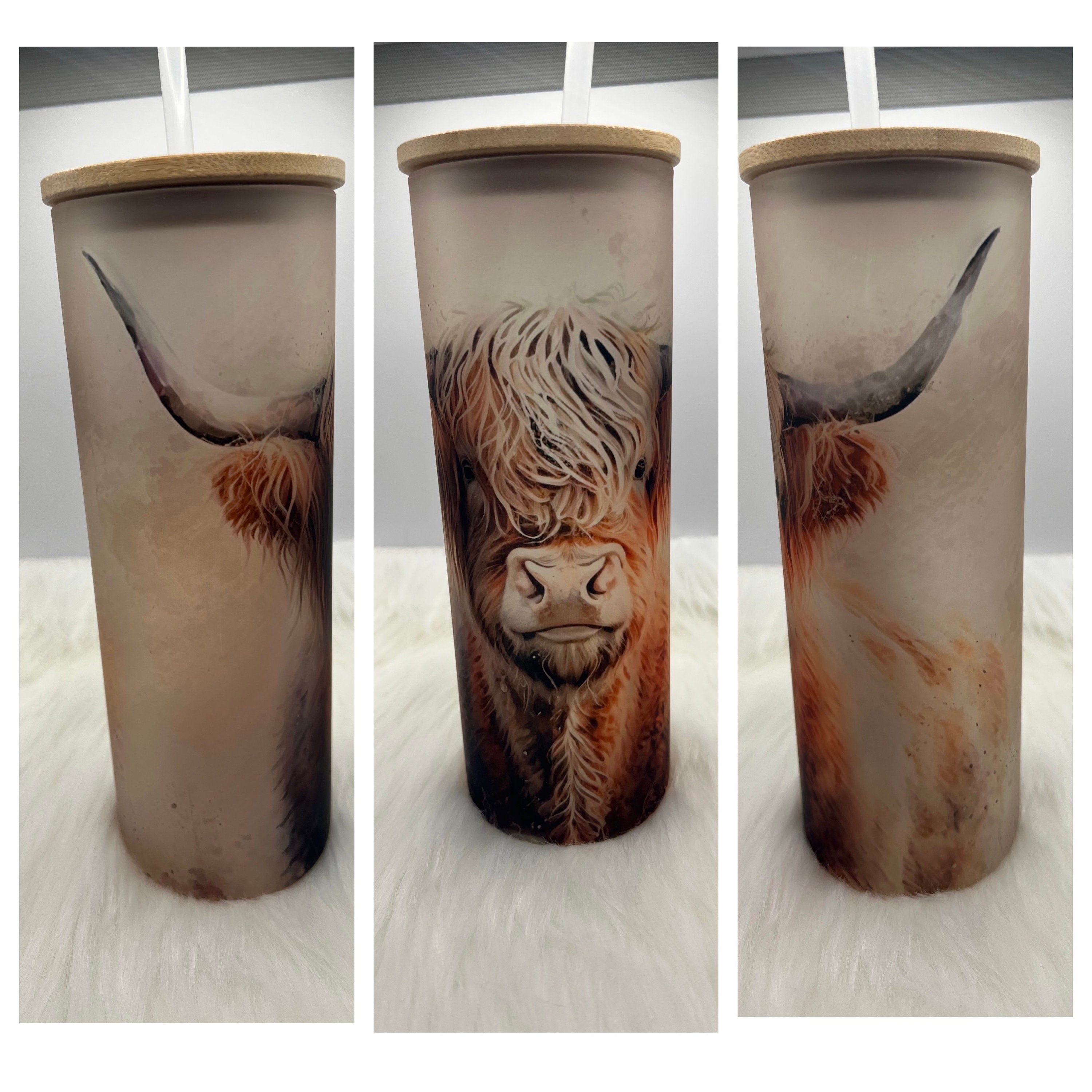 25oz frosted glass highland cow tumbler – Sierra's Door Decor & More