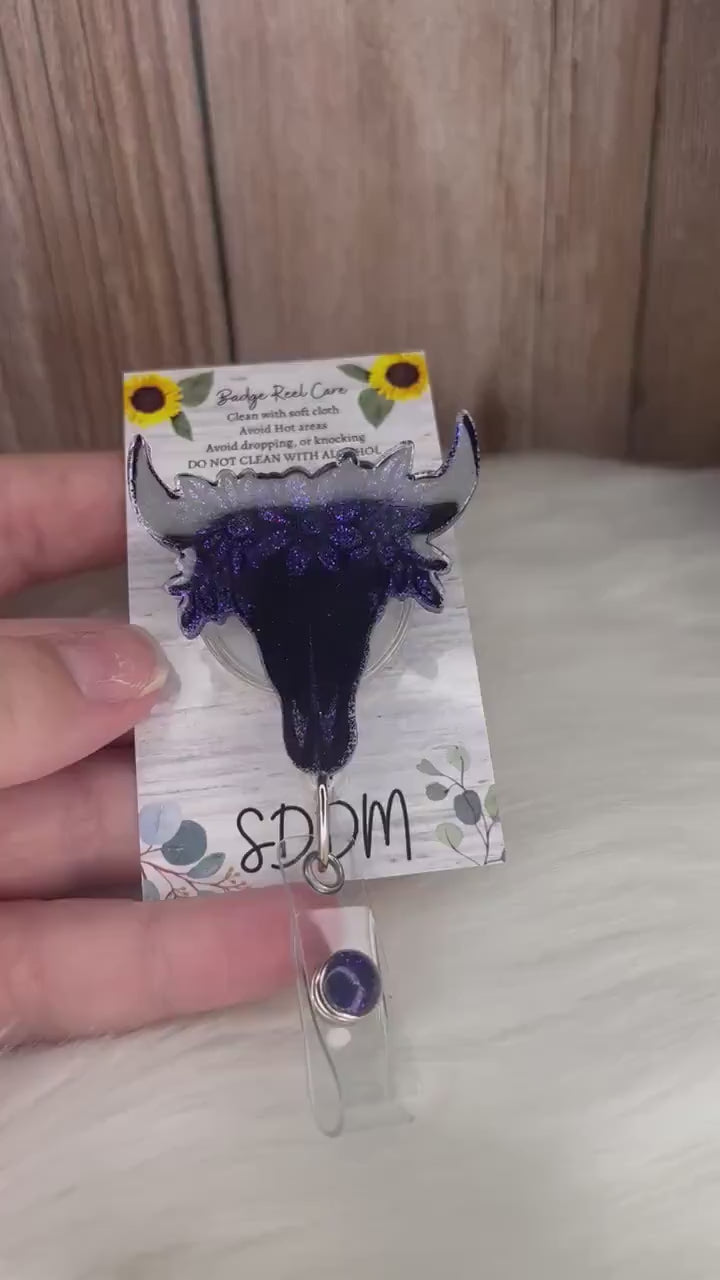 Cow skull with flowers badge reel – Sierra's Door Decor & More