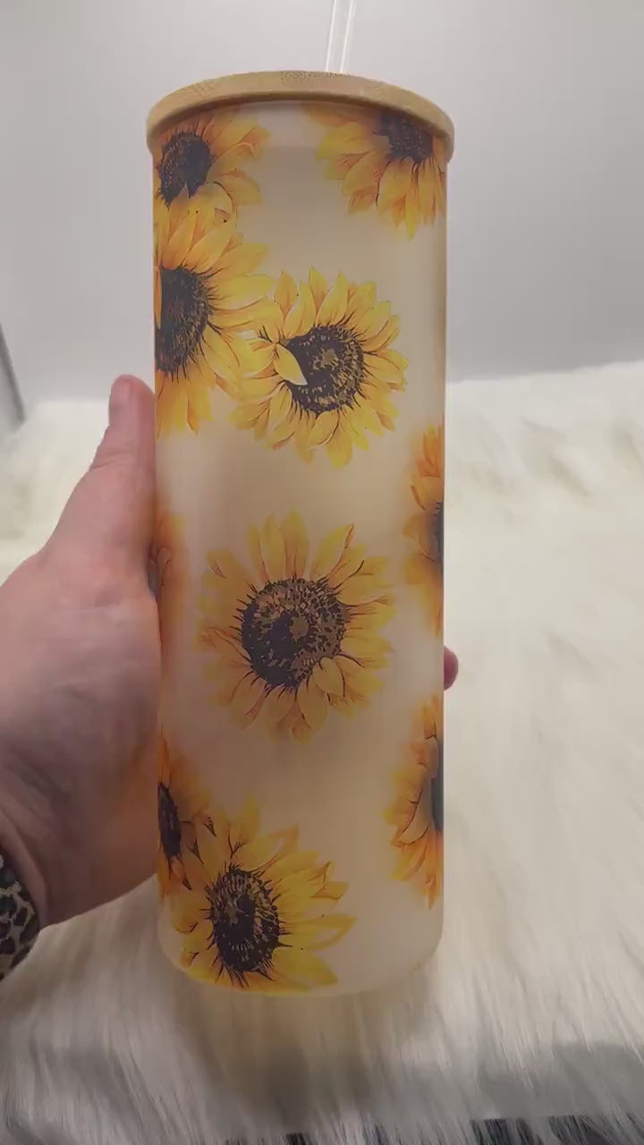 25 Oz Frosted glass Sunflower tumbler- 25oz cup- cute tumbler- sunflower gifts