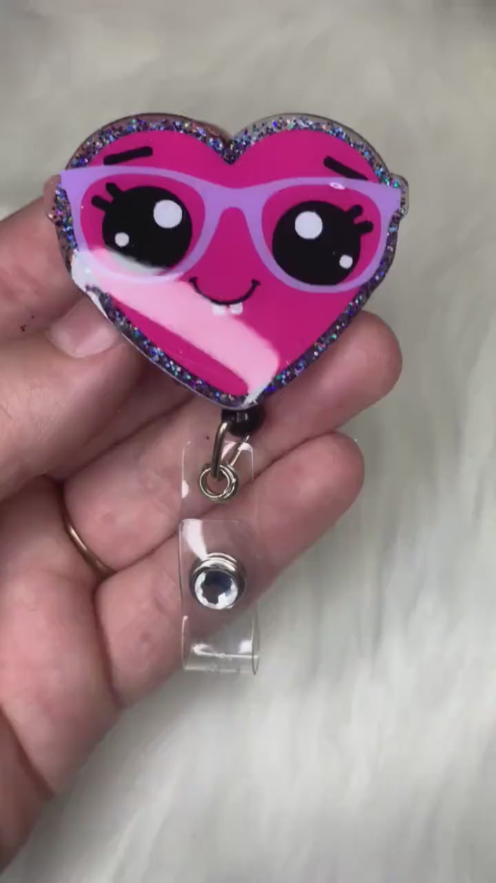 Heart with glasses Badge Reel-Valentines day-cute badge holder-nurse-cna