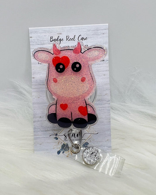 Cute pink Valentines Cow Badge Reel