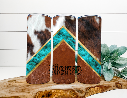 Western Tumbler with Name-Teal and Leather