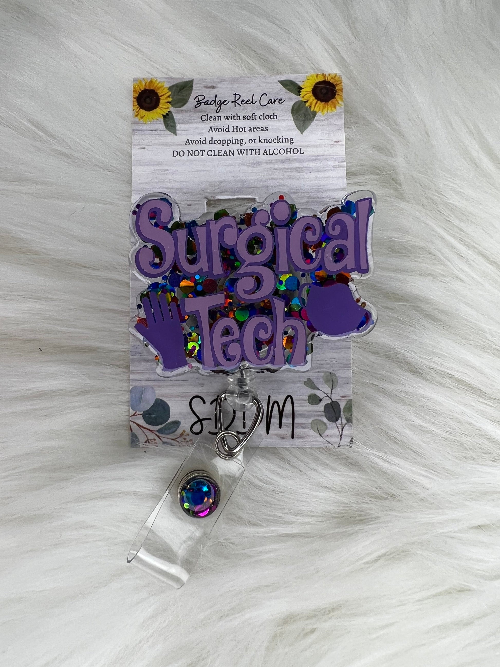 Surgical Tech Badge reel with light purple, lavender vinyl, with killer clowns glitter ST badge reel- Glitter resin badge holder