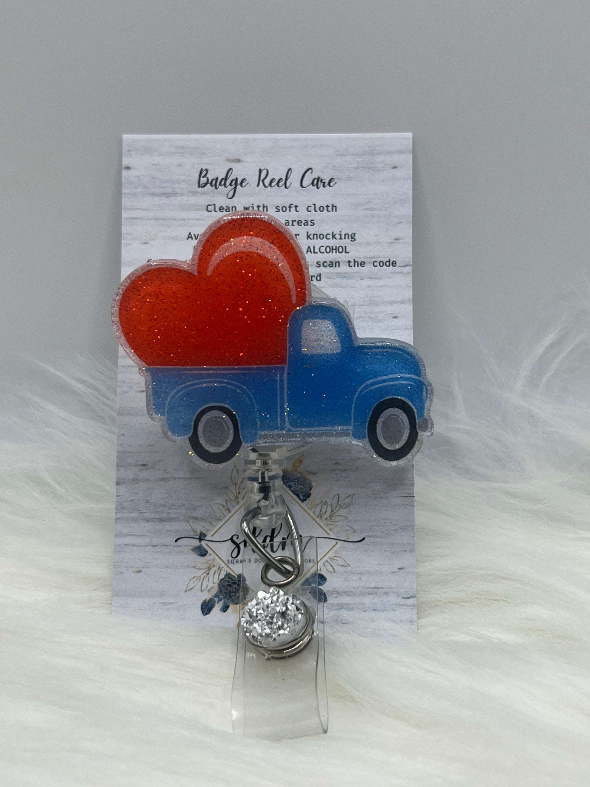 Blue truck with red heart badge reel- Valentine’s Day- valentines gifts- gifts for her- healthcare gifts- mri safe- lanyard