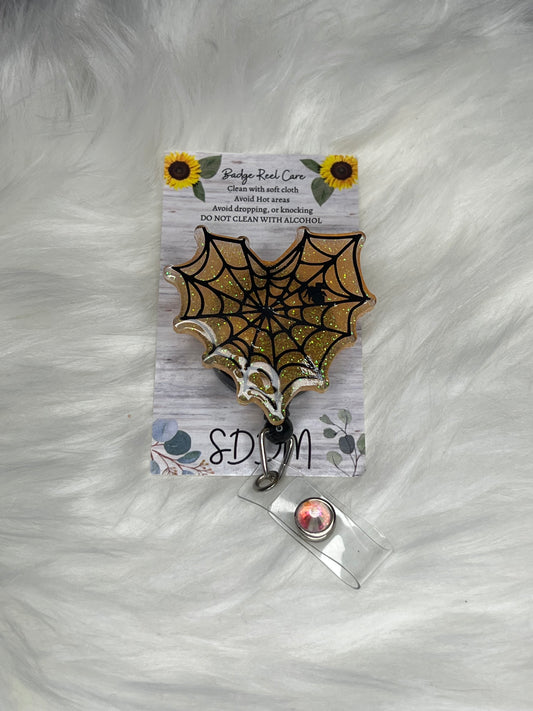 Orange spider web badge reel-Halloween badge feel